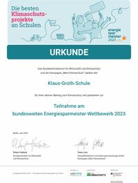 Urkunde für die Teilnahme am bundesweiten Energiesparmeister-Wettbewerb 2023